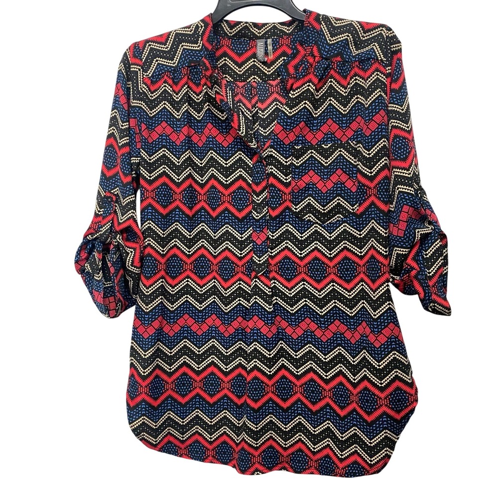 Allison Women's top 100% polyester Multi color roll-up sleeve blouse size Small
